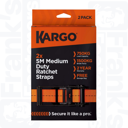 KARGO 35mm x 5m Medium Duty Ratchet Strap 1500KG, 2 pack