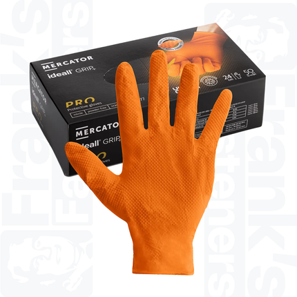 Size 9/Large Mercator Ideall Grip+ Orange Nitrile Diamond Disposable Gloves, Box of 100