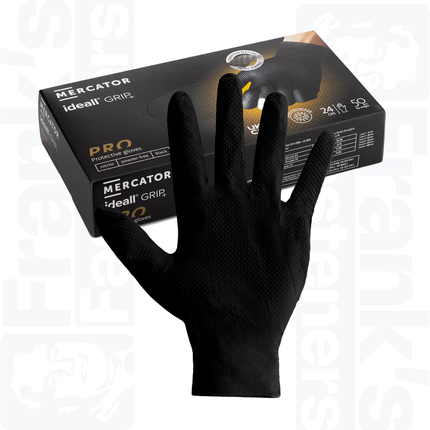 Size 10/Extra Large Mercator Ideall Grip+ Black Nitrile Diamond Disposable Gloves, Box of 50