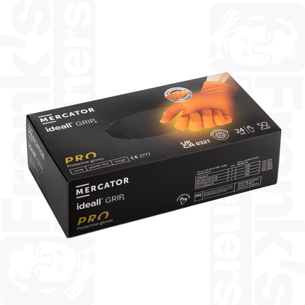 Size 9/Large Mercator Ideall Grip+ Orange Nitrile Diamond Disposable Gloves, Box of 100