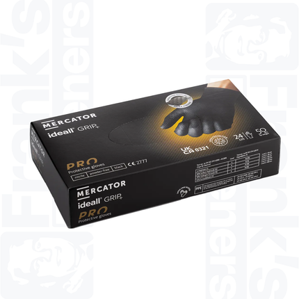 Size 10/Extra Large Mercator Ideall Grip+ Black Nitrile Diamond Disposable Gloves, Box of 50