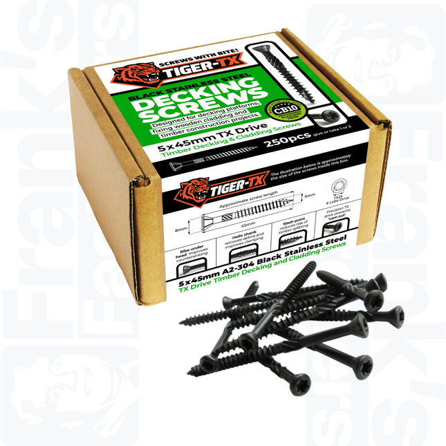 5.0 x 45mm Tiger-Tx Decking Screw, Black Stainless (250)