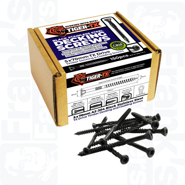 5.0 x 70mm Tiger-Tx Decking Screw, Black Stainless (150)